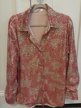 Moon Ryder Pink and Gold sequin button down leopard blouse NWOT